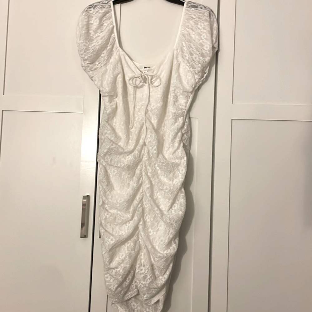 Ruched Lace Minidress In Ivory - Picture 2 of 8